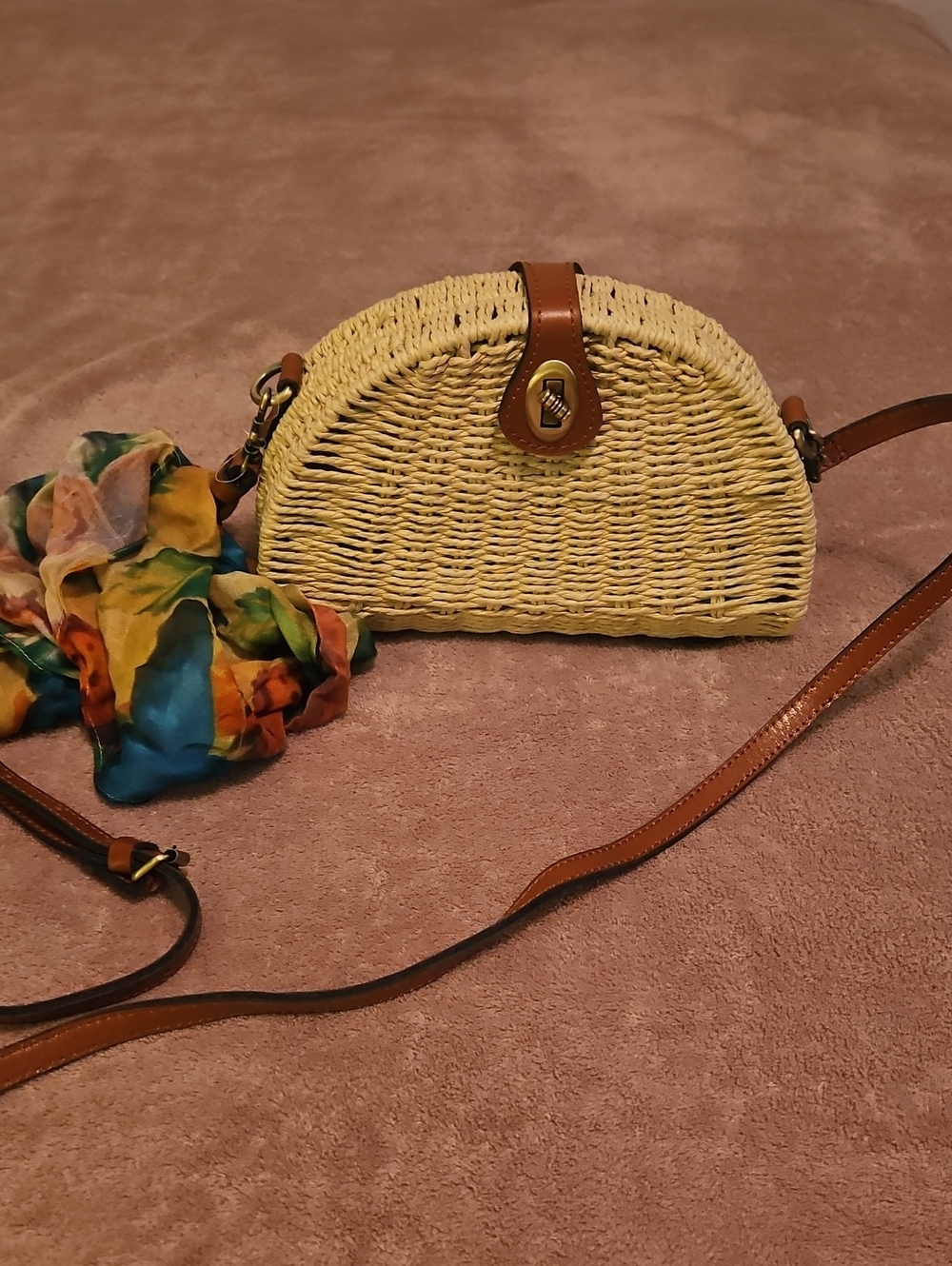 Patricia Nash Yellow Woven Straw Crossbody with Brown Leather Trim